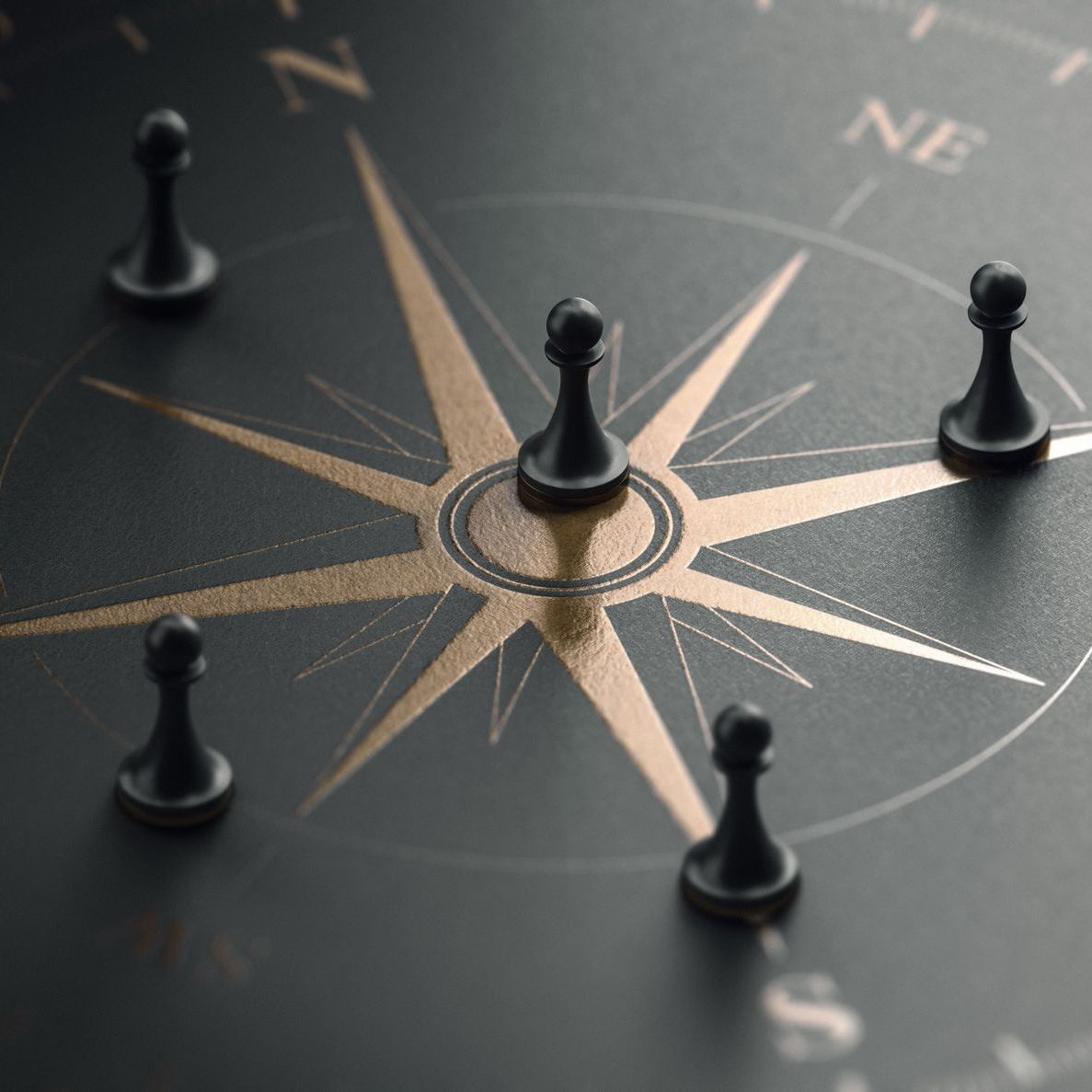 Black chess pawns arranged around a compass rose on a dark background.