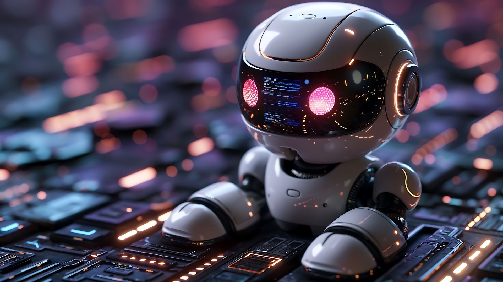 White robot with glowing pink eyes and arms on a circuit board background with red and blue lights.