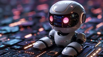 White robot with glowing red eyes sits on a circuit board, surrounded by colorful lights.