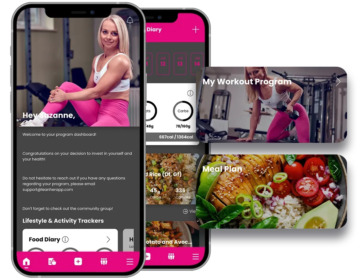 Fitness app screens showing a woman in pink workout clothes, workout stats, and healthy meal photos