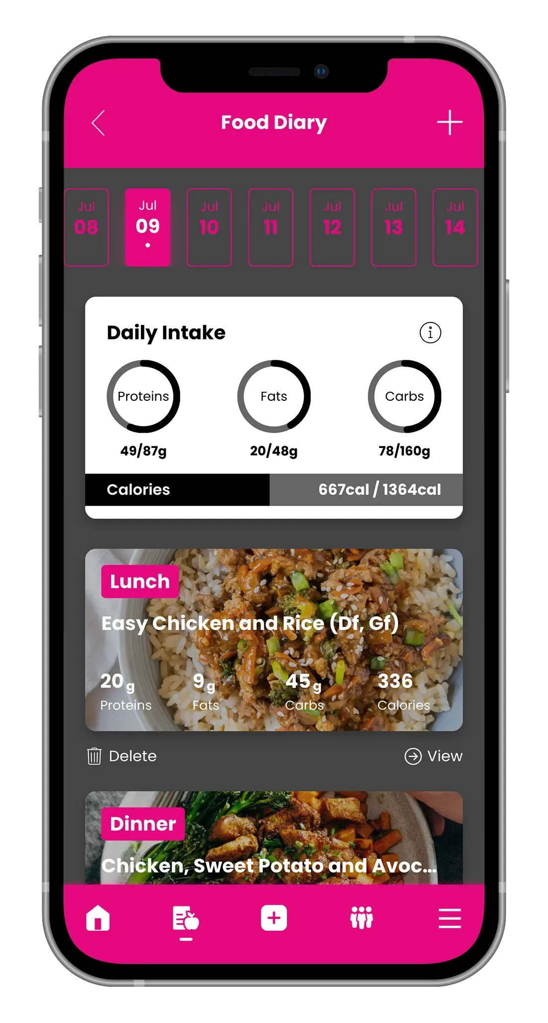 Pink food-tracking app screen with daily intake rings, meal cards, and a bottom navigation bar