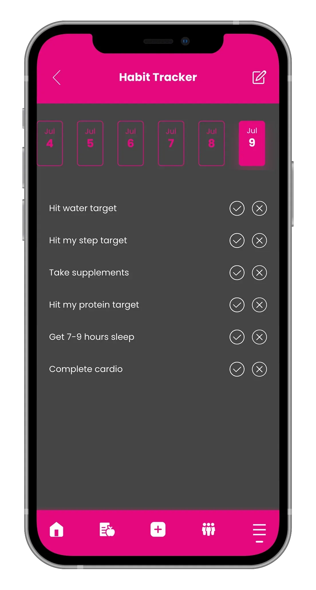Pink-themed mobile app screen showing a task list with icons and a bottom navigation bar