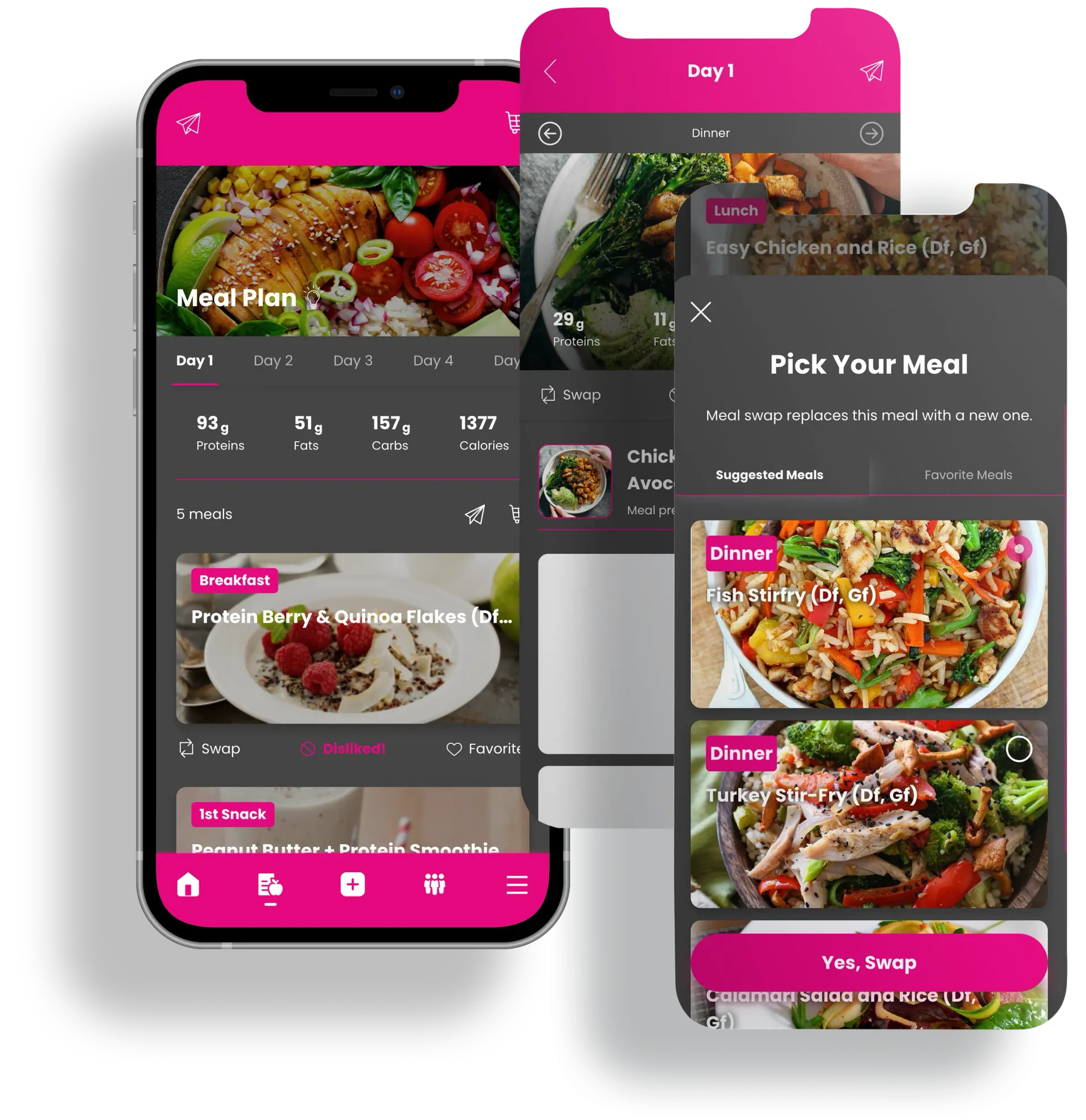 Mobile food app mockups with pink accents and meal photos on three smartphone screens