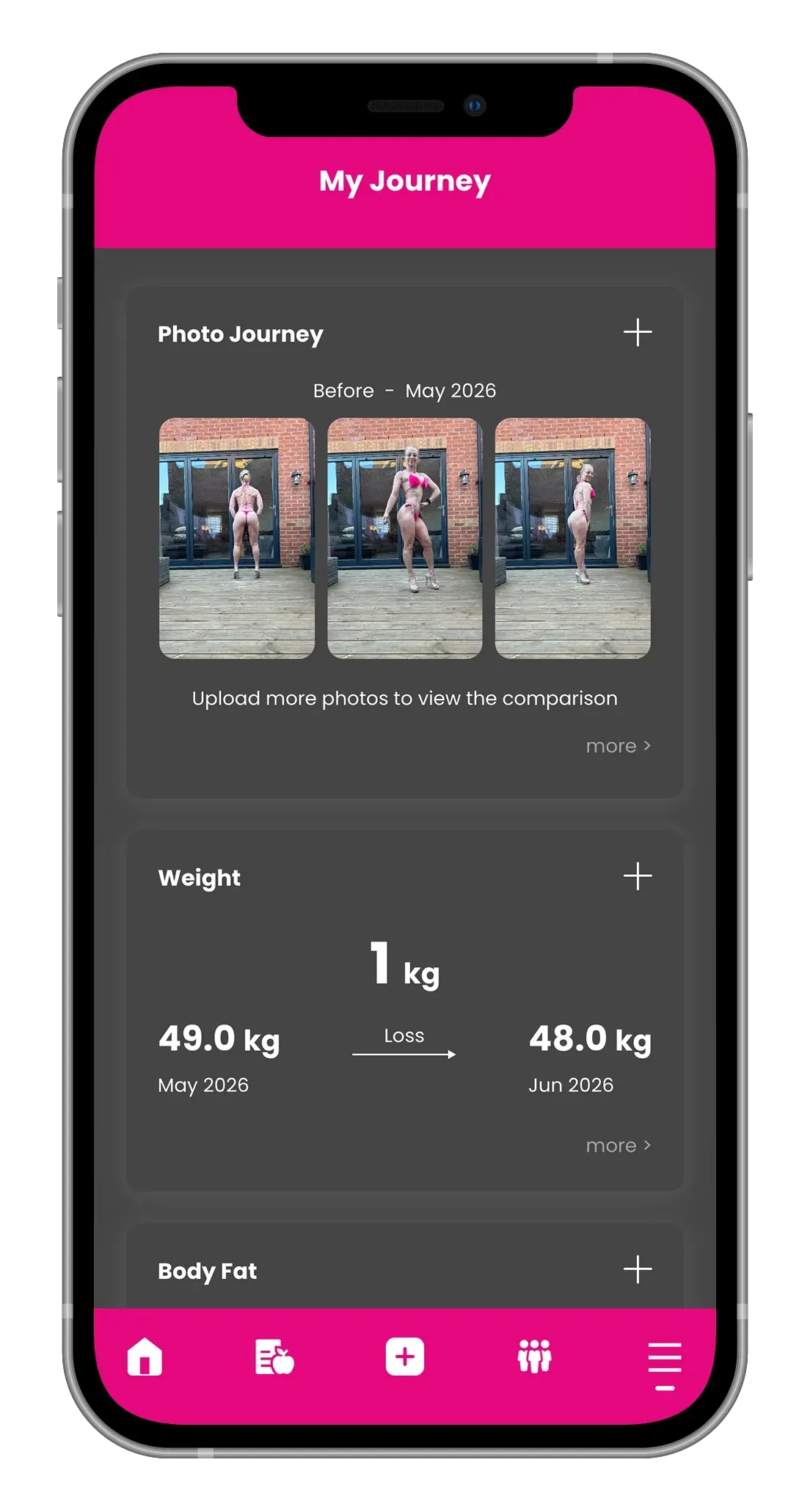 Fitness app dashboard on a phone with magenta header and bottom navigation, showing workout stats and progress cards