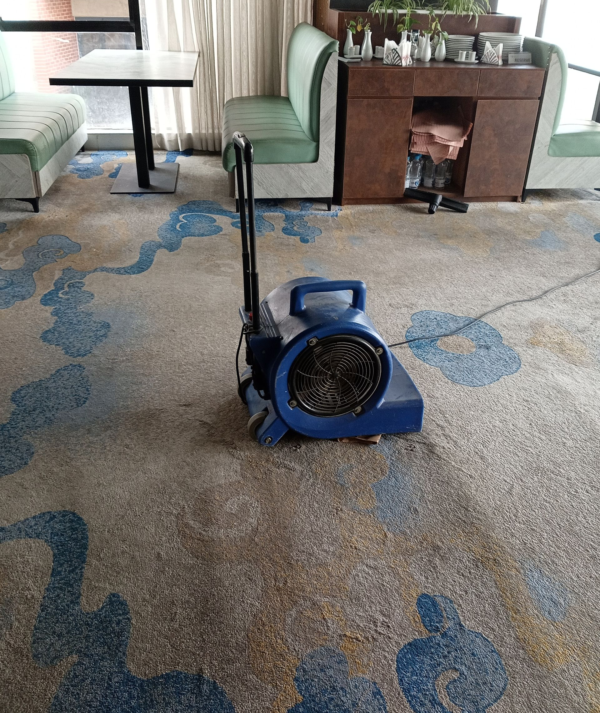 Blue carpet dryer/fan on a patterned hotel lobby carpet near chairs and a fireplace.
