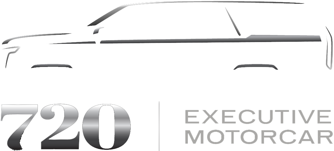 &ldquo;720 Executive Motorcar&rdquo; logo with a stylized car outline and silver text on a white background