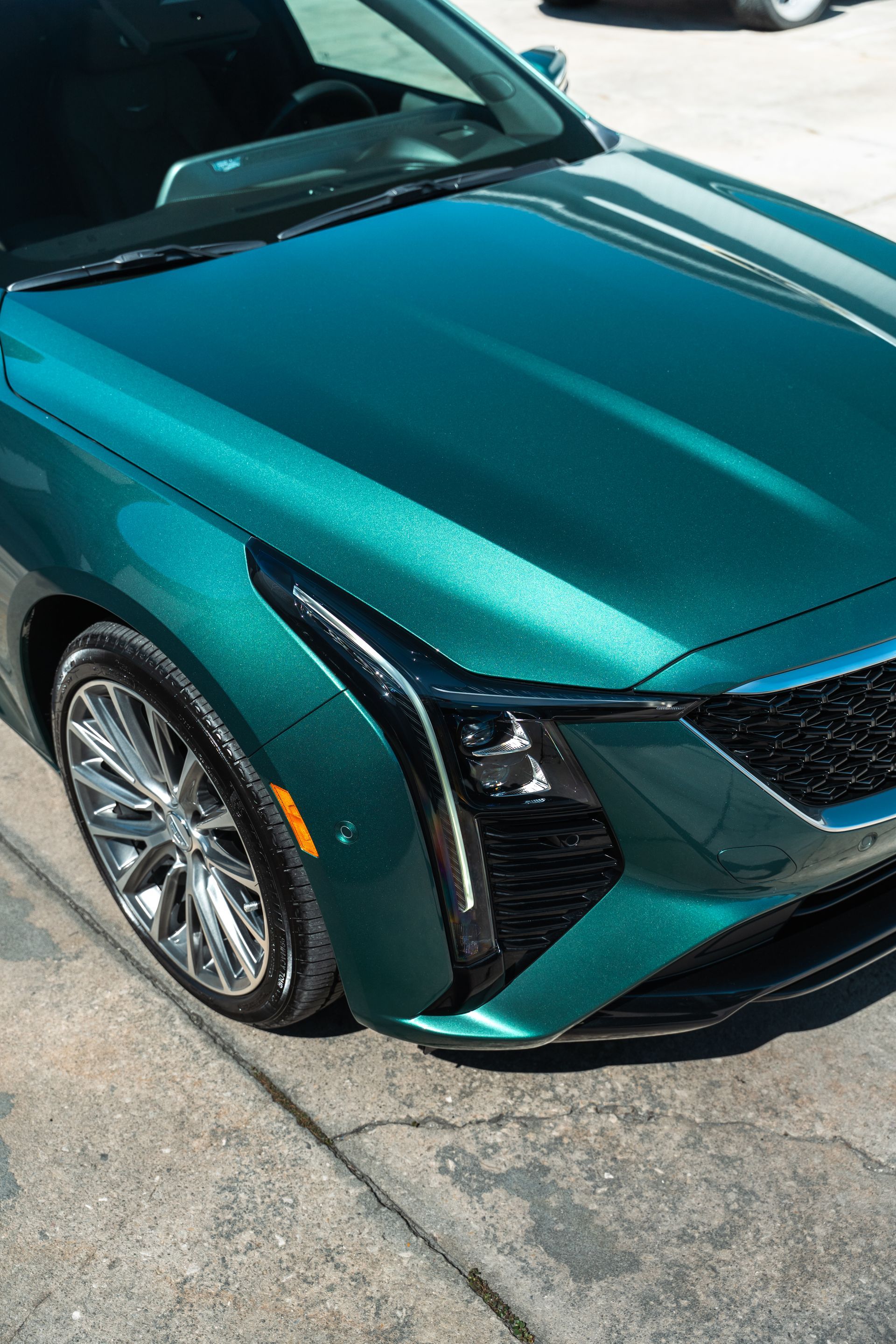 Teal sports car hood and front fender parked on pavement, close-up view