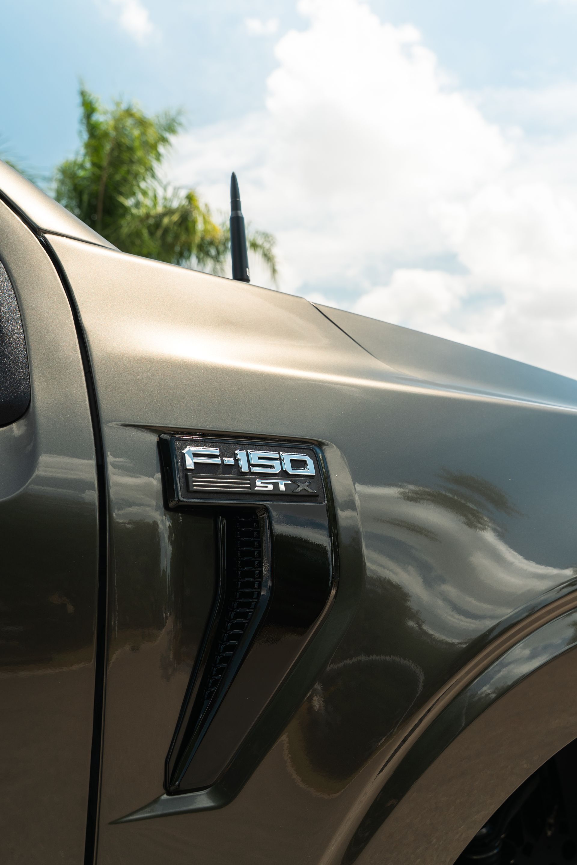 Close-up of a beige Ford F-150 truck fender badge and vent under a cloudy sky