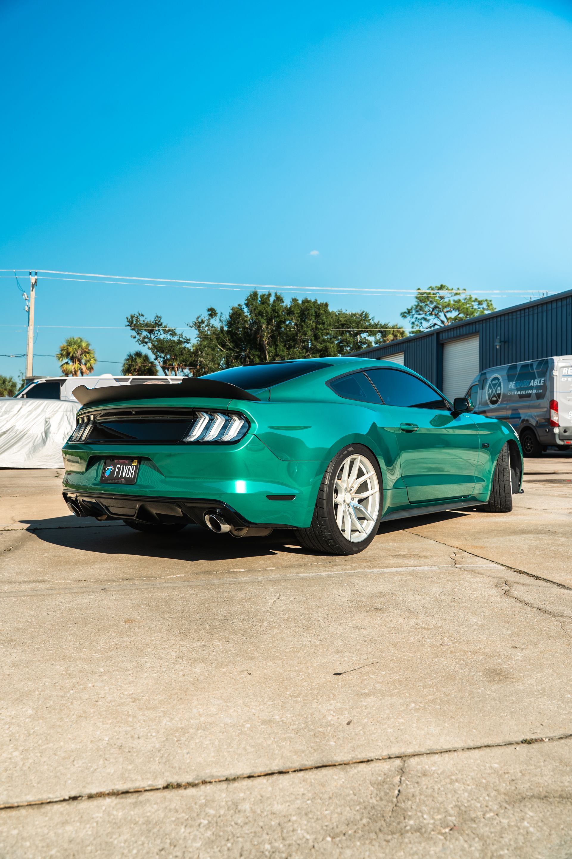 Green Ford Mustang parked in a sunny lot under a clear blue sky
