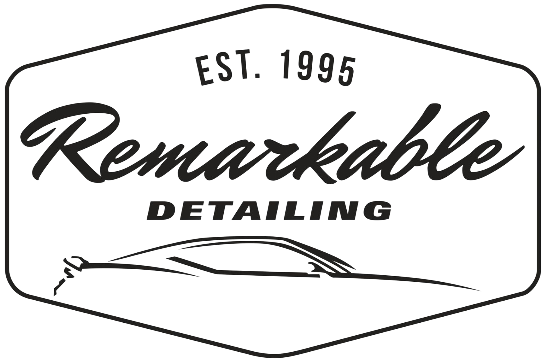 Black-and-white logo for Remarkable Detailing with “EST. 1995” and a stylized car outline