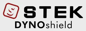STEK DYNOshield logo with black text and a red outlined square icon with a smiley face