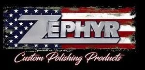 ZEPHYR Custom Polishing Products logo over a distressed American flag background
