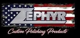 ZEPHYR logo on a distressed American flag with the words “Custom Polishing Products”