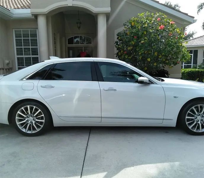 White sedan parked in a driveway in front of a house with a flowering bush