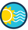 A yellow sun partially overlapped by three horizontal white wavy lines, all centered within a circular dark blue border.
