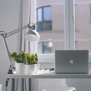 An apple laptop sits on a desk in front of a window
