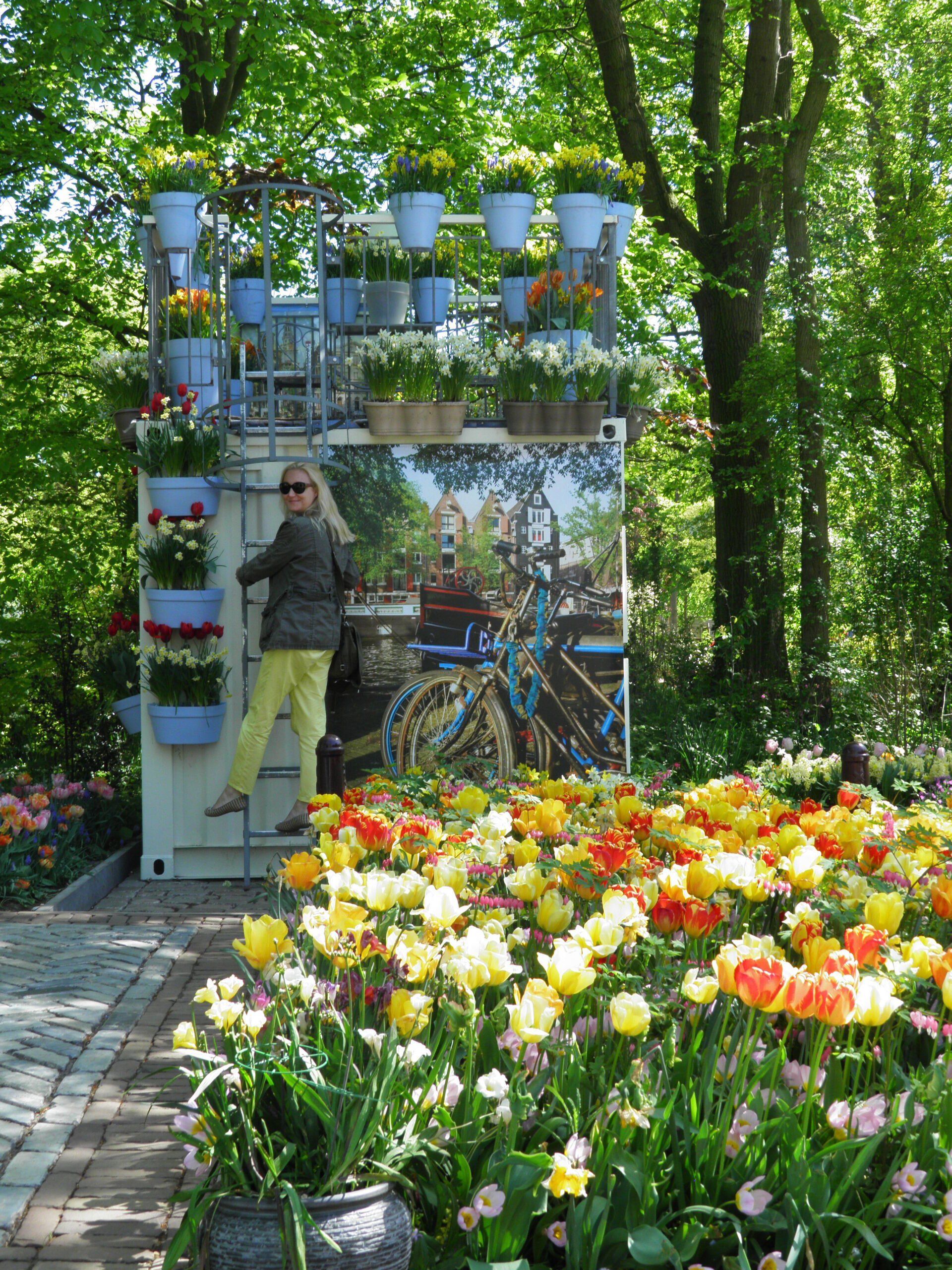 Een persoon staat naast een bloemrijke buitenruimte in een groen park.