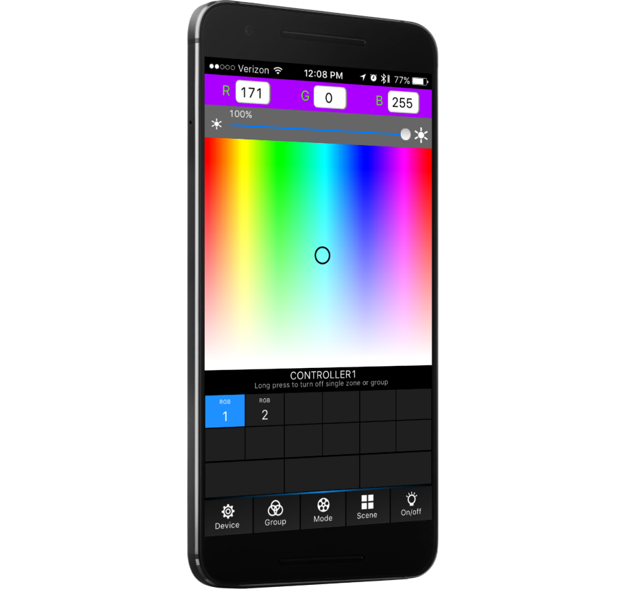 Smartphone screen showing a color picker app with a rainbow gradient and selected cyan hue.