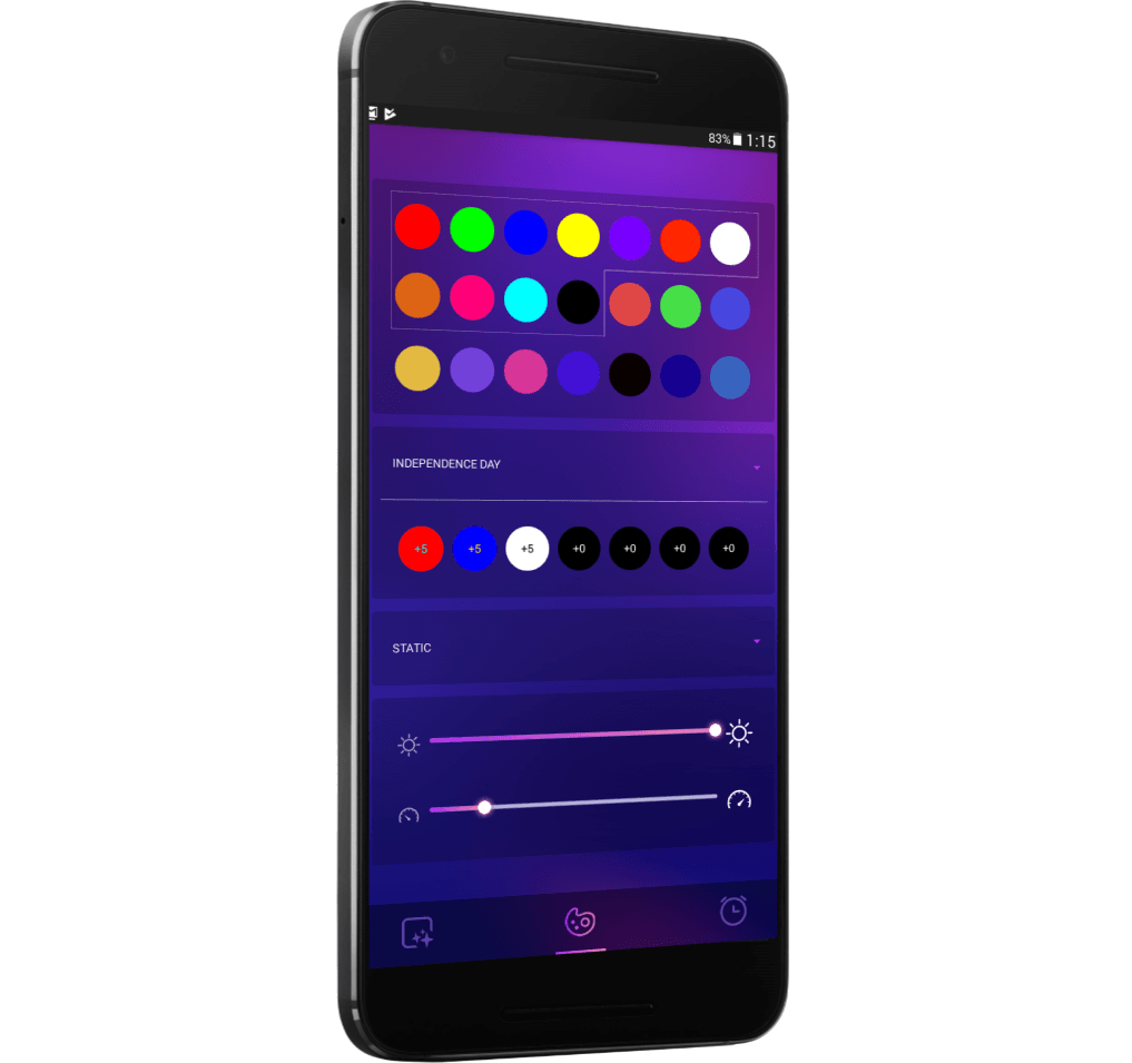 Smartphone showing a purple app screen with color swatches and brightness sliders for display settings