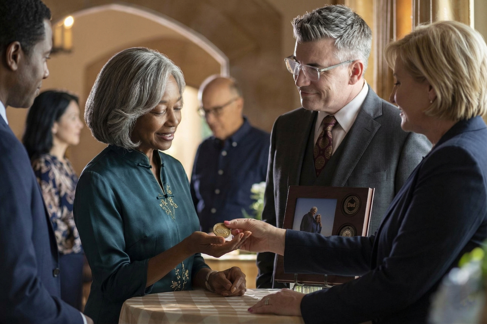 A group of people gathers in a formal setting, with one person handing a small memorial item to another.