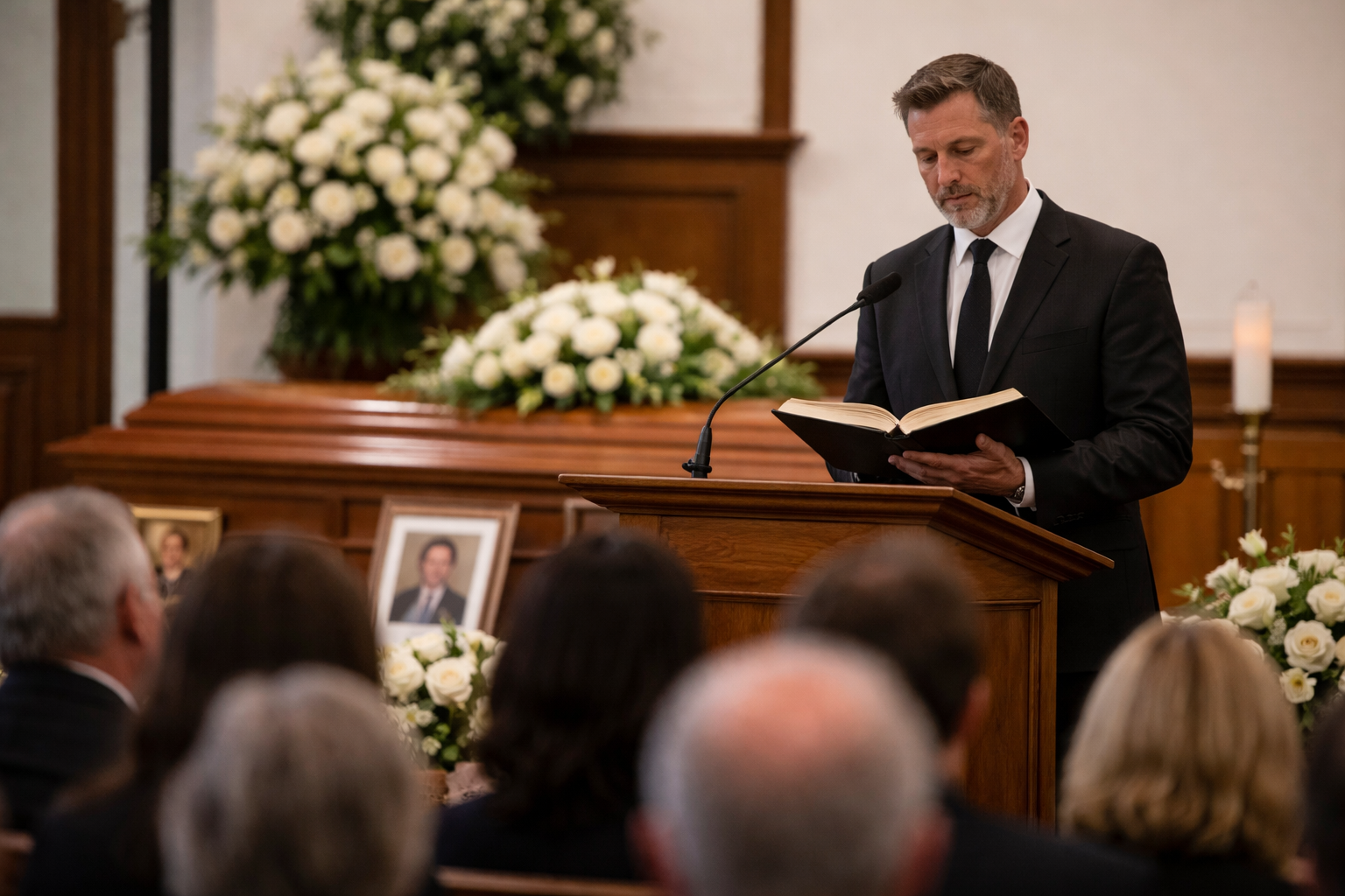 A person in a suit reads from an open book at a wooden podium during a funeral, with floral arrangements and a coffin.