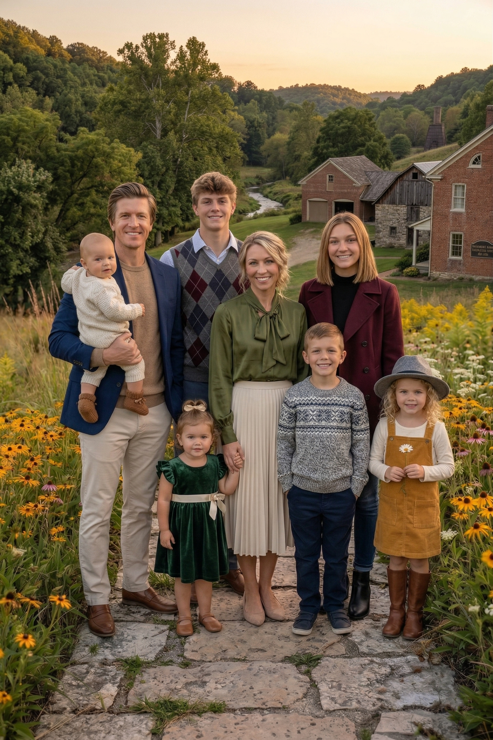 A family poses for a portrait on a stone path in a field of wildflowers with rural farm buildings in the background.