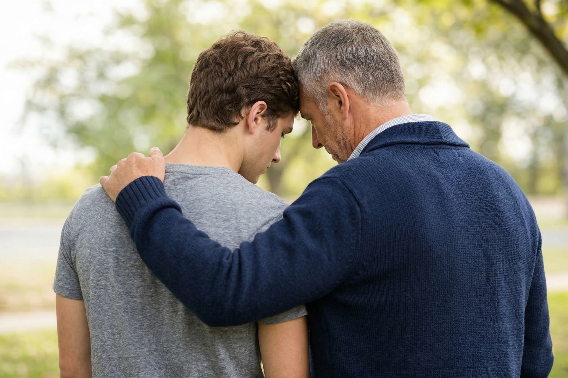 A person in a blue sweater comforts another in a gray shirt, their foreheads touching in an outdoor setting.