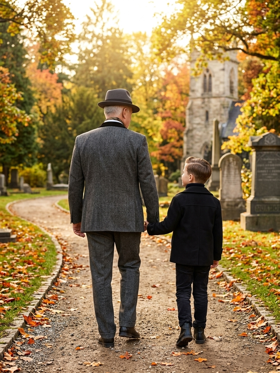 An adult and a child in formal wear hold hands while walking along a path in a cemetery during autumn.