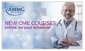 AMMG ad: new CME courses online, on your schedule, with a smiling doctor in a white coat