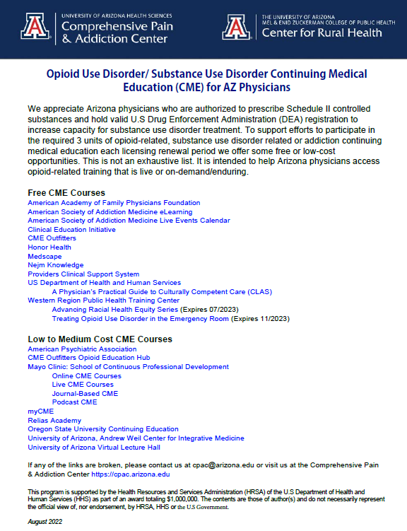 Web page listing opioid use disorder and substance use disorder CME/CE resources for psychiatrists and clinicians