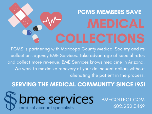 Blue and red medical debt relief ad for PCMS members, with BME Services logo and website