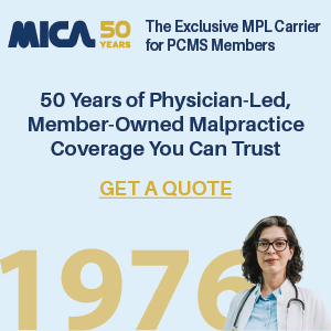 MICA promo ad for physicians: 50 years of malpractice coverage, “Get a Quote,” with doctor and large 1976 text