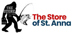 A logo for the store of st. anna with a bigfoot holding a fishing rod.