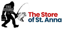 A logo for the store of st. anna with a bigfoot holding a fishing rod.