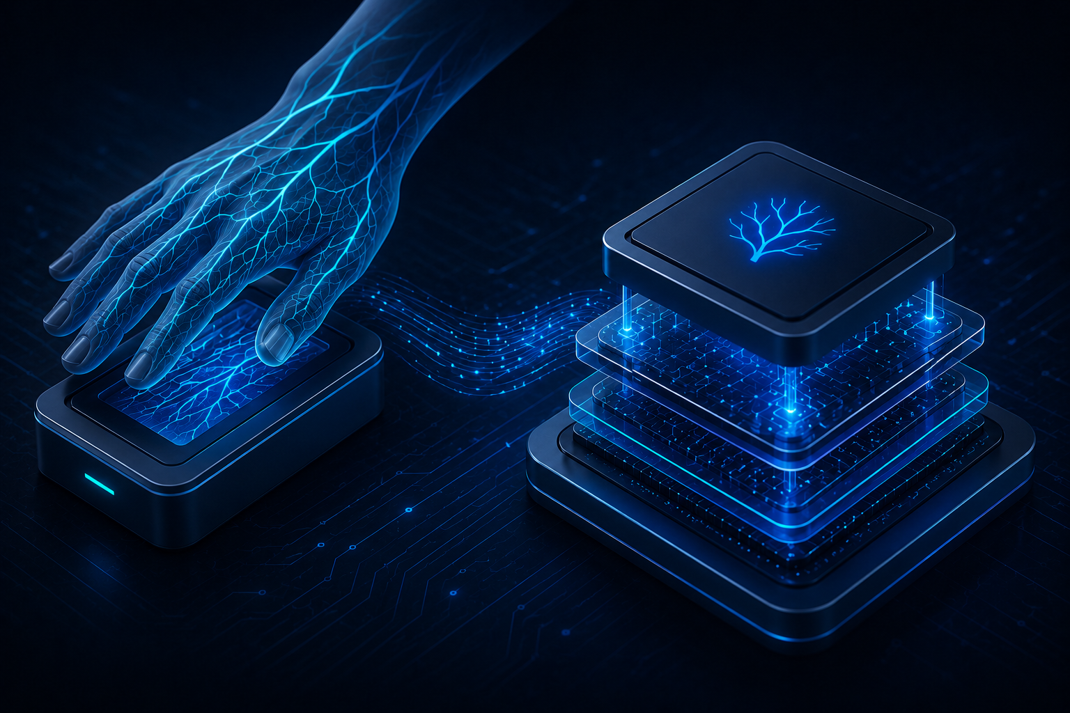Main bleue lumineuse scannant un téléphone près d'appareils biométriques empilés sur fond sombre