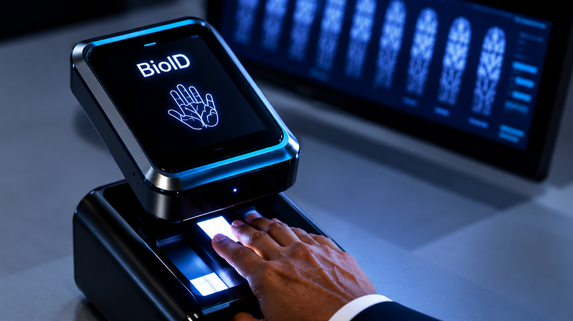Numérisation manuelle d'un scanner biométrique lumineux sur un élégant appareil de sécurité à éclairage bleu