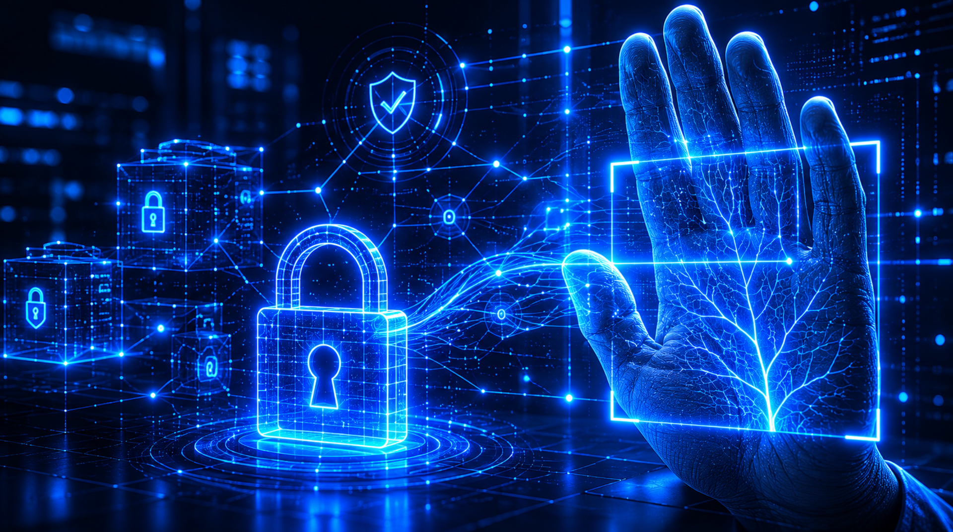Un cadenas numérique bleu et une main lumineuse ornée d'icônes de bouclier symbolisent la cybersécurité et la protection des données.
