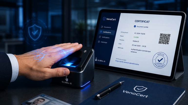 La main effectue un scan biométrique à côté d'une tablette affichant une identité numérique et un code QR.