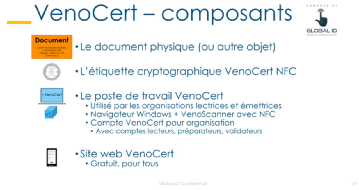 Diapositive “VenoCert – composants” listant document physique, étiquette cryoprotection, poste de travail et site web.