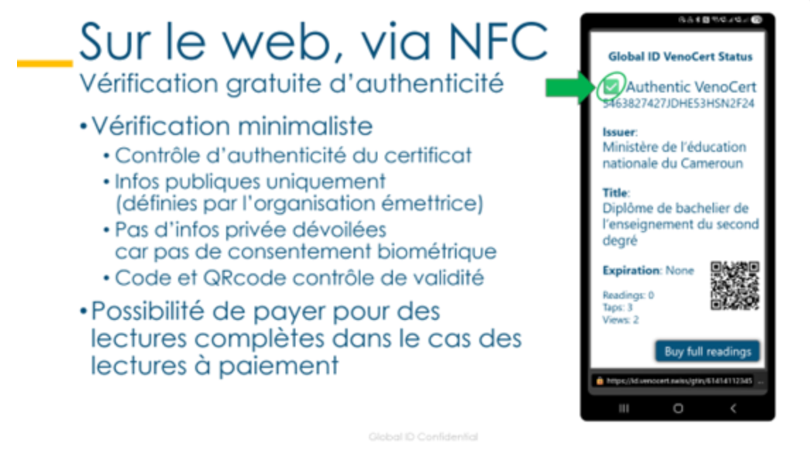 Diapositive en français sur la vérification d’authenticité via NFC, avec liste et écran de smartphone.