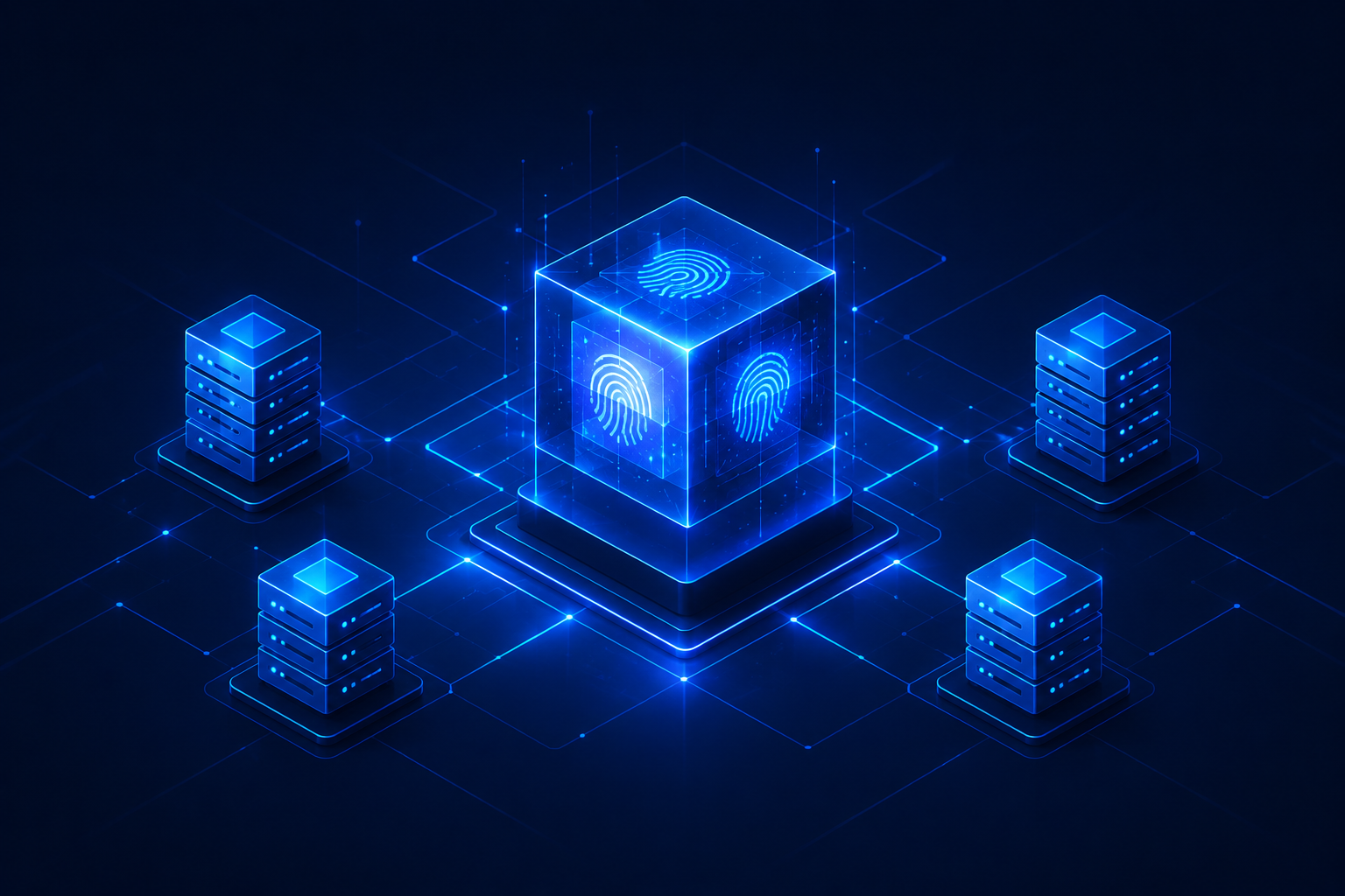 Réseau de cubes holographiques bleus lumineux sur un fond numérique sombre