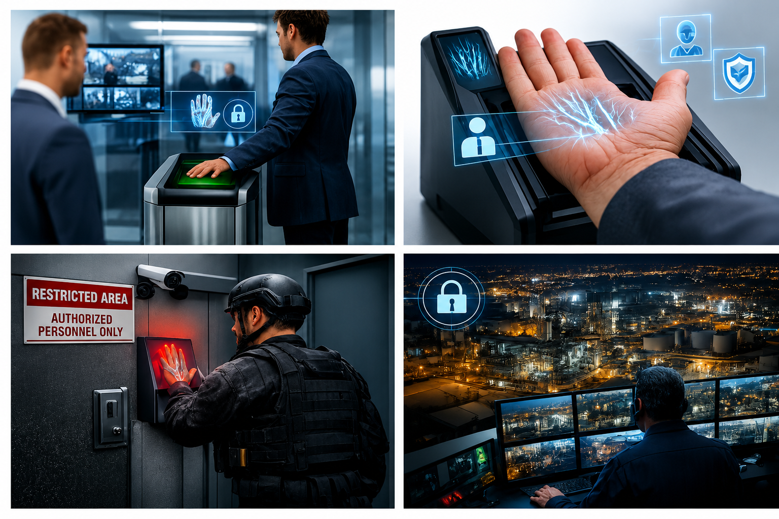 Montage cybersécurité : analystes, authentification biométrique, salle des serveurs sous surveillance et réseau urbain sécurisé la nuit