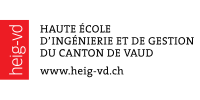 Logo HEIG-VD avec icône verticale rouge et texte noir sur fond blanc, et site web www.heig-vd.ch