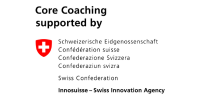 Logos de Core Coaching, soutenu par la Confédération suisse et l'Agence suisse pour l'innovation, sur fond blanc.