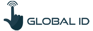 Logo Global ID avec une icône de main sombre et un signal sans fil au-dessus.