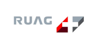 Logo RUAG 4F avec texte gris et symbole géométrique rouge-gris sur fond blanc