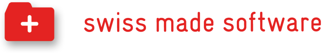 Icône de croix suisse rouge à côté des mots « logiciel suisse » en texte rouge