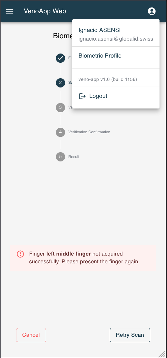 Écran de l'application mobile avec un menu blanc superposé, une liste d'étapes, un message d'erreur et les boutons Annuler et Réessayer