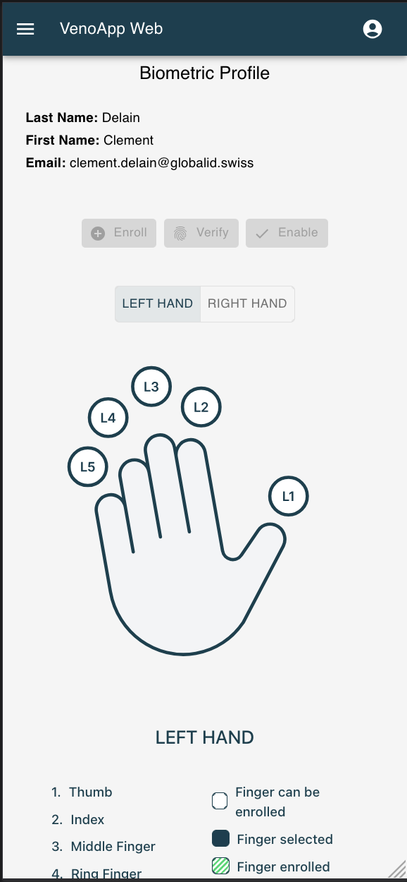 Écran de l'application affichant le profil d'un signe de la main avec les positions des doigts de la main gauche indiquées sur un diagramme simple