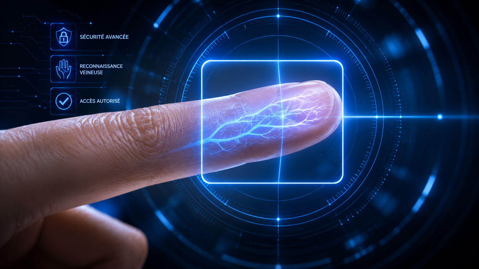 Doigt touchant une cible de scan biométrique lumineuse sur une interface numérique bleue